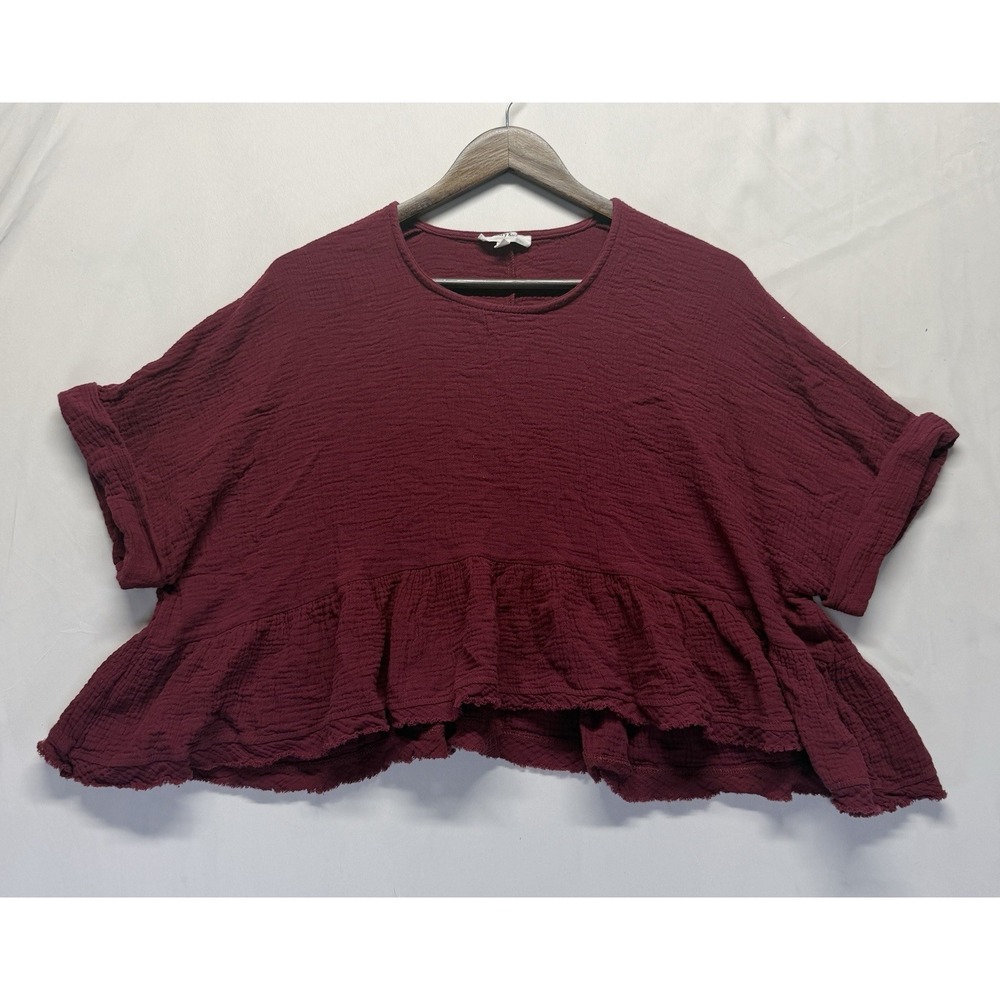 Womens Crinkle Size Lg Cropped Blouse Top Maroon Cuff‎ Sleeve Peplum Round Neck